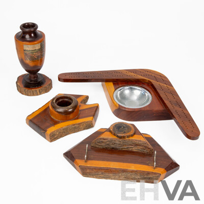 Collection of Vintage Australian Mulga Wood Pieces Including 1947 Adelaide Exhibition Turned Vase, Desk Top Pen Holder, Boomerang Key Dish