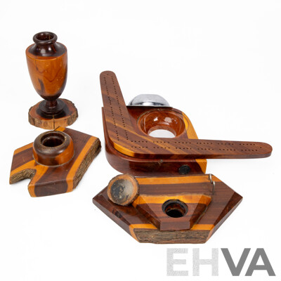 Collection of Vintage Australian Mulga Wood Pieces Including 1947 Adelaide Exhibition Turned Vase, Desk Top Pen Holder, Boomerang Key Dish