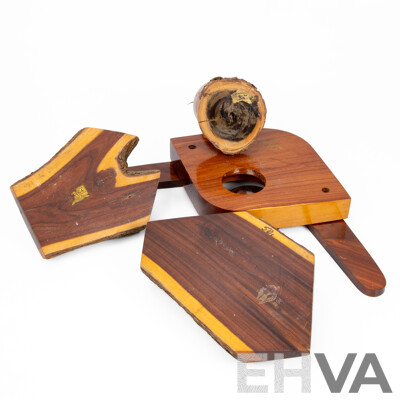Collection of Vintage Australian Mulga Wood Pieces Including 1947 Adelaide Exhibition Turned Vase, Desk Top Pen Holder, Boomerang Key Dish