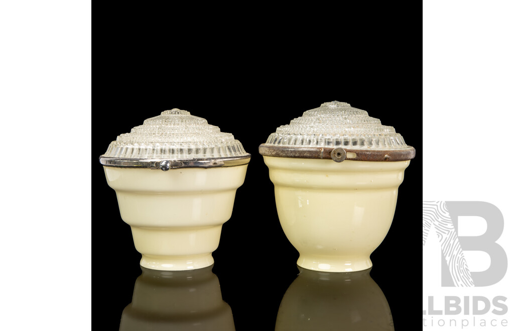 Two Art Deco Cream Glass Ceiling Light Shades with Prismatic Fittings