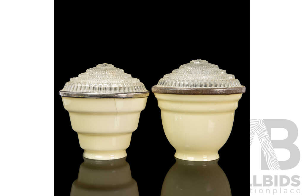 Two Art Deco Cream Glass Ceiling Light Shades with Prismatic Fittings