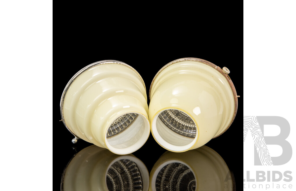 Two Art Deco Cream Glass Ceiling Light Shades with Prismatic Fittings