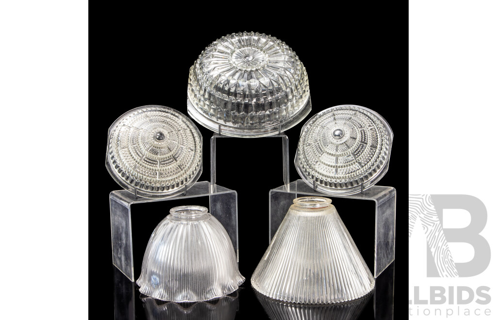 Two Glass Holophane Lamp Shades with Three Prismatic Fittings