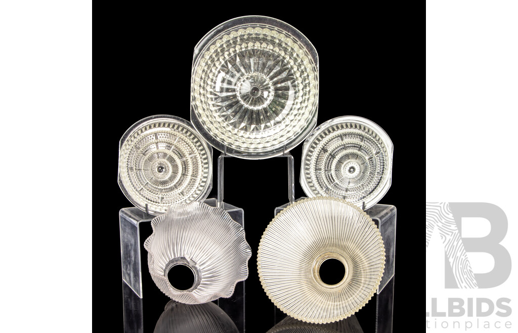 Two Glass Holophane Lamp Shades with Three Prismatic Fittings