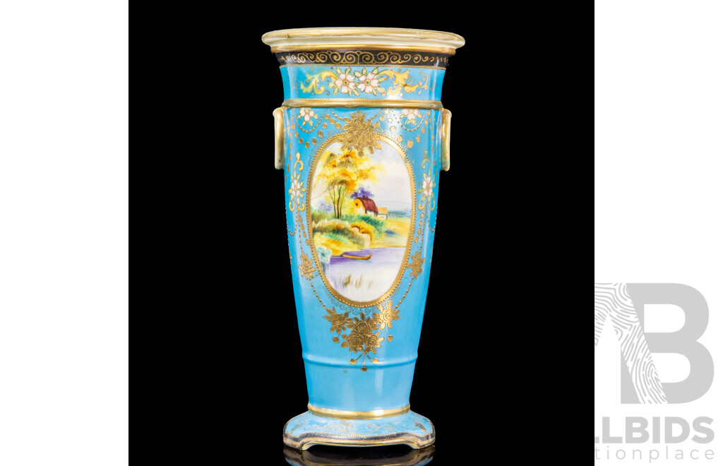 Vintage Noritake Vase with Hand-Painted Gilded Floral Patterns and Rural Cottage Scenes