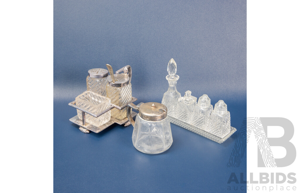 Two Antique Cruet Sets Including Atkin Brothers of Sheffield Swirl Glass and Cut Glass Example