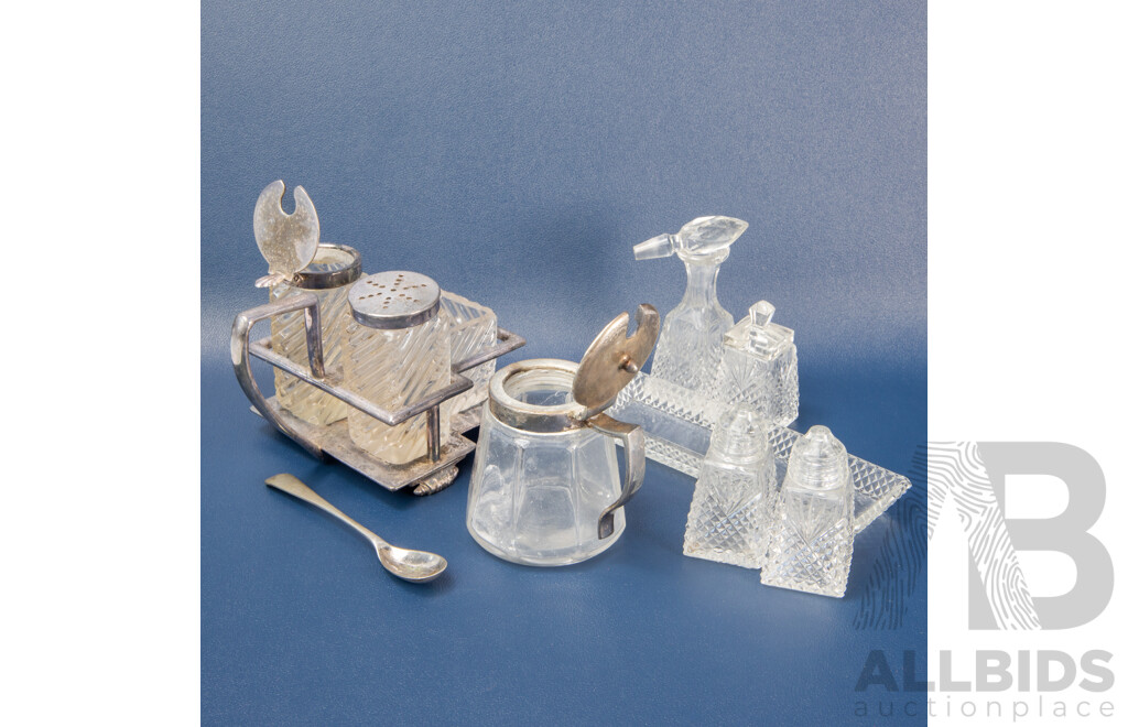 Two Antique Cruet Sets Including Atkin Brothers of Sheffield Swirl Glass and Cut Glass Example