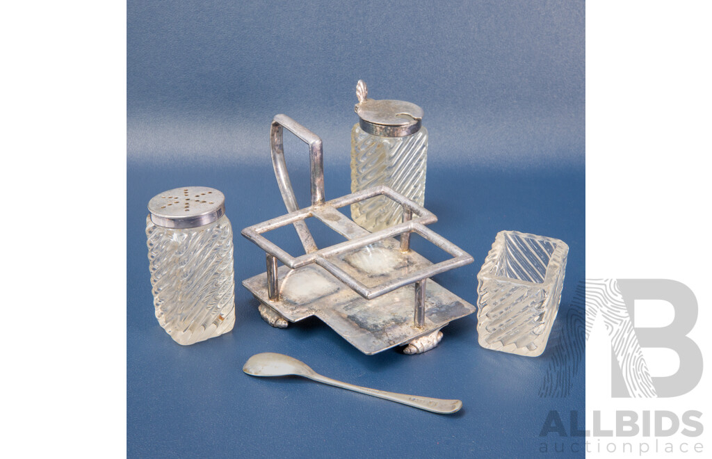 Two Antique Cruet Sets Including Atkin Brothers of Sheffield Swirl Glass and Cut Glass Example