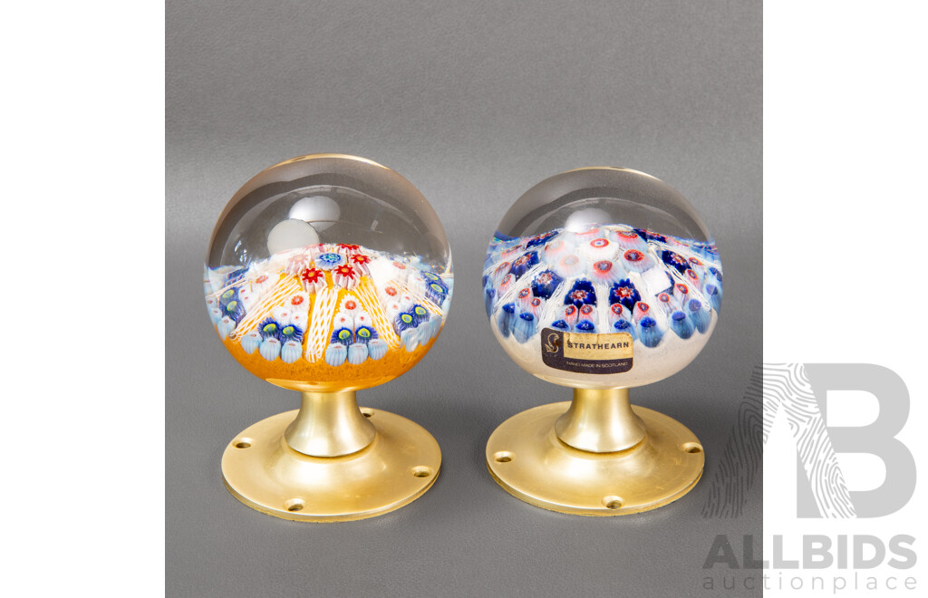 Two Vintage Strathearn Art Glass Paperweight Door Knobs, Millefiori Cane Designs, Made in Scotland