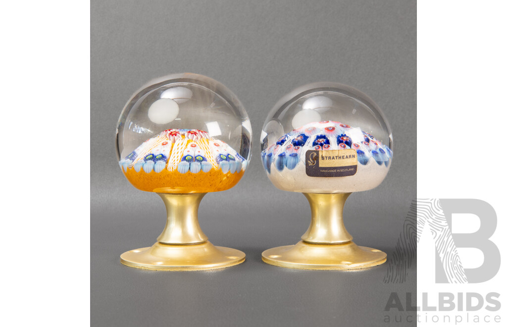 Two Vintage Strathearn Art Glass Paperweight Door Knobs, Millefiori Cane Designs, Made in Scotland