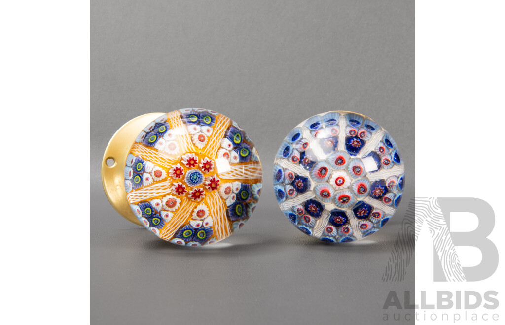 Two Vintage Strathearn Art Glass Paperweight Door Knobs, Millefiori Cane Designs, Made in Scotland