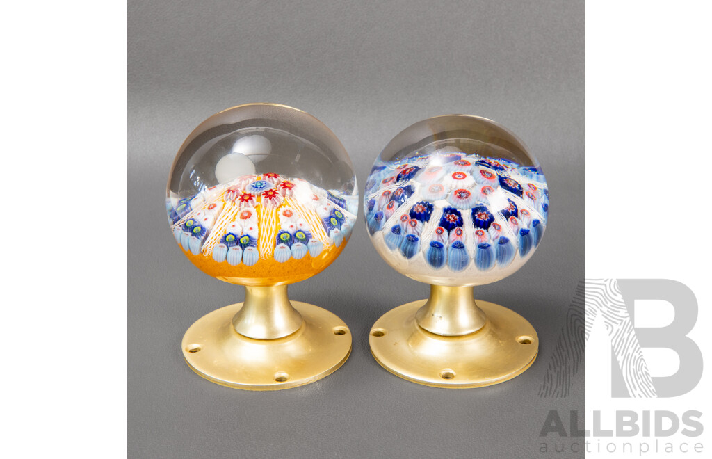 Two Vintage Strathearn Art Glass Paperweight Door Knobs, Millefiori Cane Designs, Made in Scotland