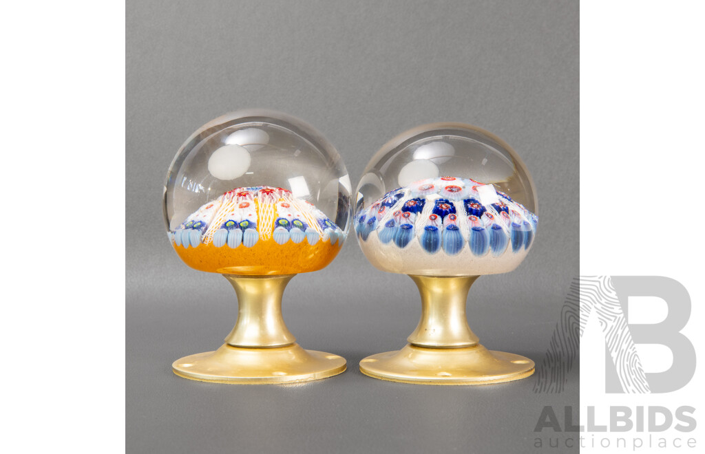 Two Vintage Strathearn Art Glass Paperweight Door Knobs, Millefiori Cane Designs, Made in Scotland