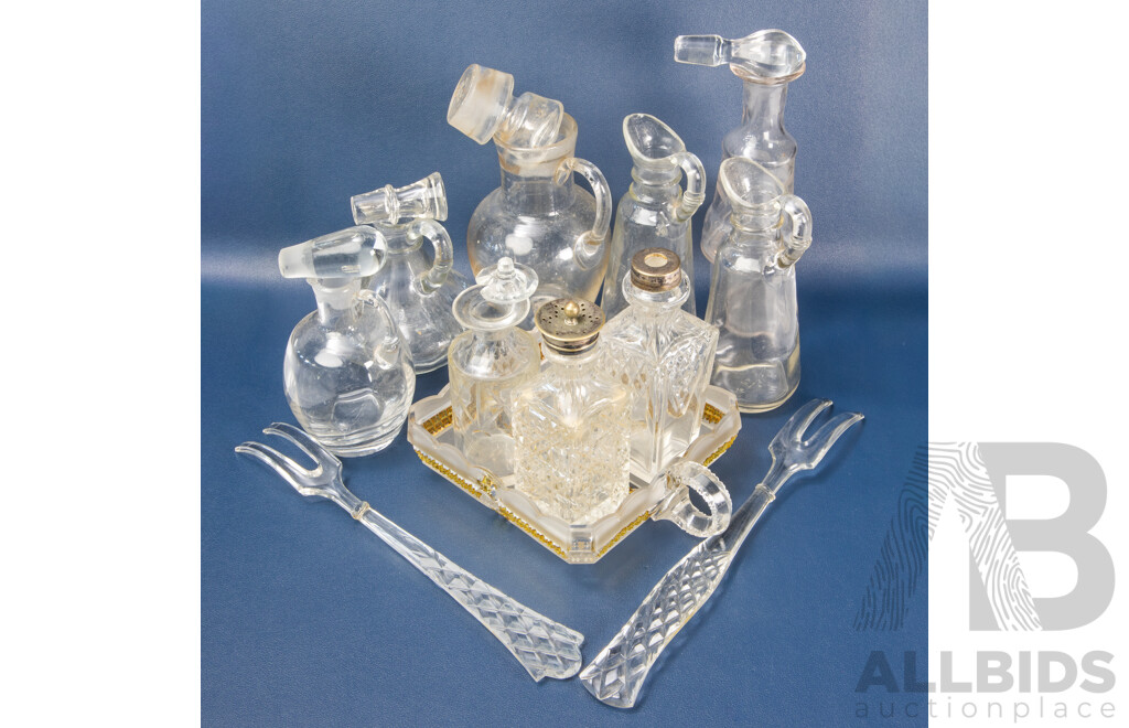 Collection of Antique Glassware Including Oil and Vinegar Pitchers, Cruet Pourers, Etched and Cut Glass, Frosted/Amber Berry Bowl, Glass Salad Serving Forks