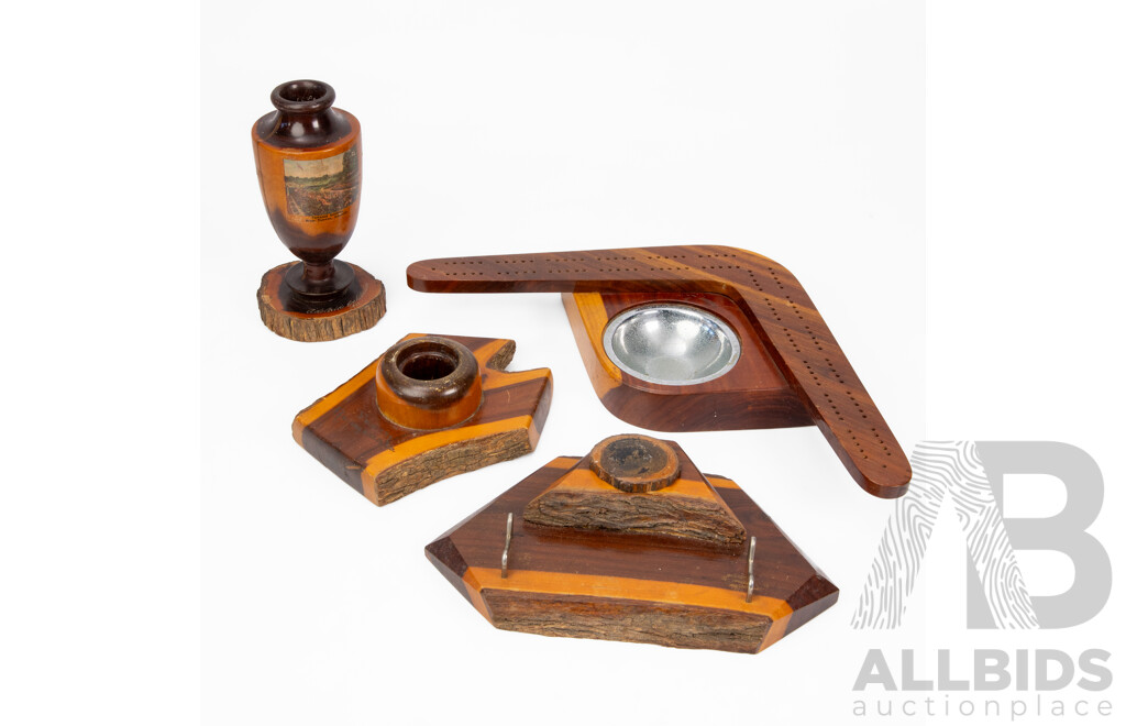 Collection of Vintage Australian Mulga Wood Pieces Including 1947 Adelaide Exhibition Turned Vase, Desk Top Pen Holder, Boomerang Key Dish