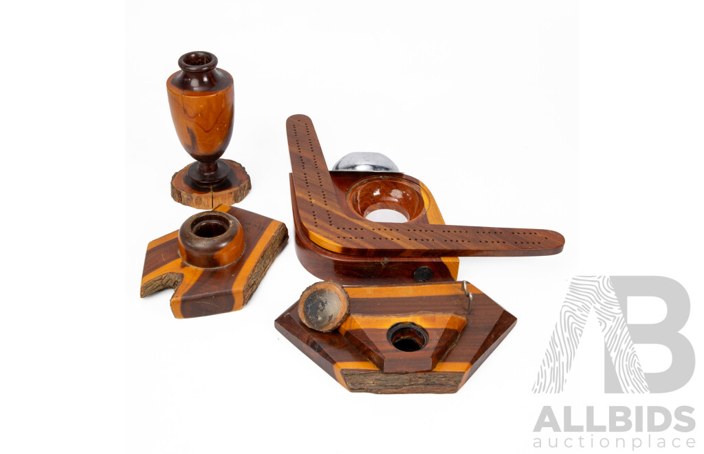 Collection of Vintage Australian Mulga Wood Pieces Including 1947 Adelaide Exhibition Turned Vase, Desk Top Pen Holder, Boomerang Key Dish