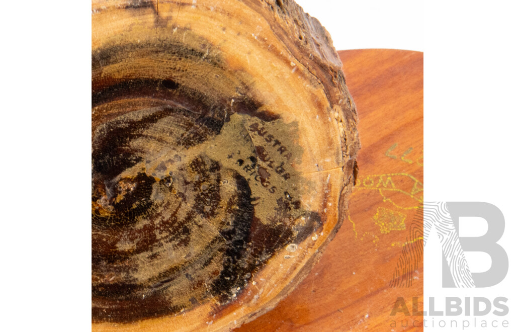 Collection of Vintage Australian Mulga Wood Pieces Including 1947 Adelaide Exhibition Turned Vase, Desk Top Pen Holder, Boomerang Key Dish