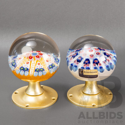 Two Vintage Strathearn Art Glass Paperweight Door Knobs, Millefiori Cane Designs, Made in Scotland