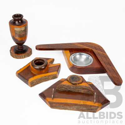 Collection of Vintage Australian Mulga Wood Pieces Including 1947 Adelaide Exhibition Turned Vase, Desk Top Pen Holder, Boomerang Key Dish