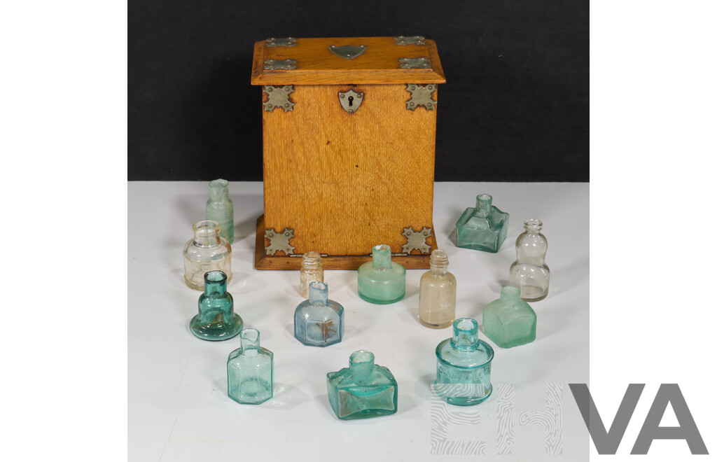 Vintage Desktop Stationary Cabinet with Assortment of Ink Bottles