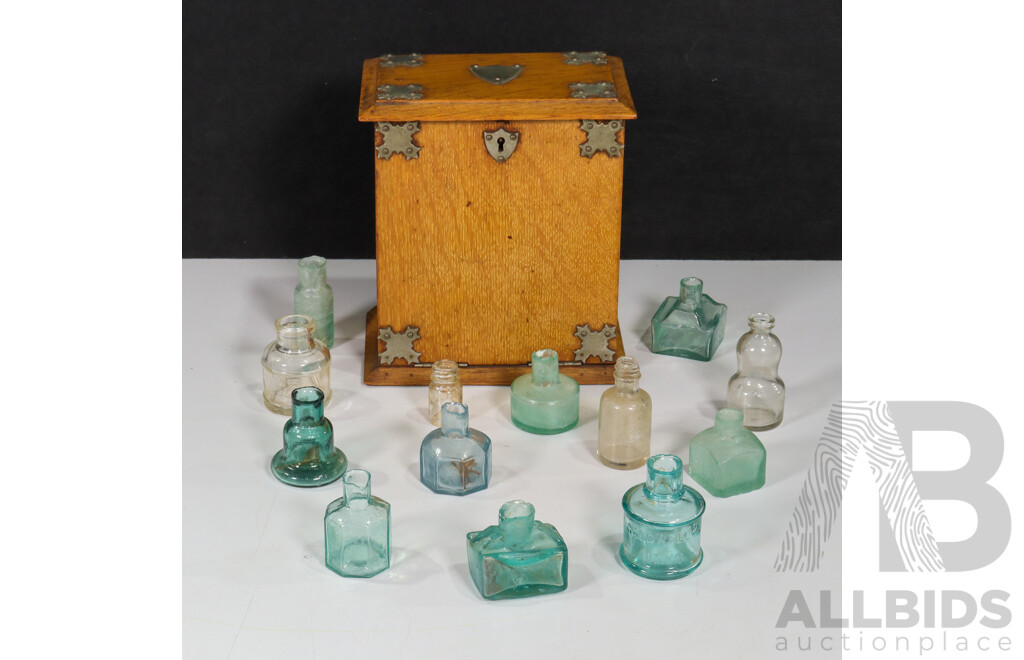 Vintage Desktop Stationary Cabinet with Assortment of Ink Bottles