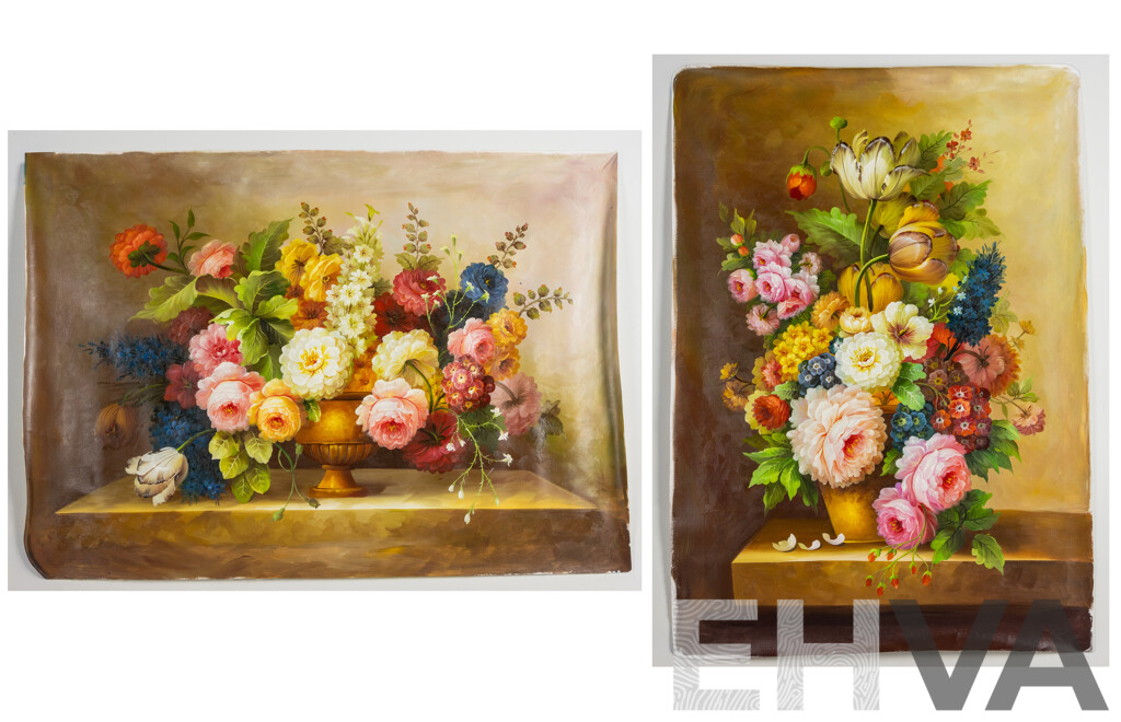 Artists Unknown, (20th Century), Opulent Flower Arrangement I & II, Pair of Oil on Canvas Clothes Unstretched, 70 x 100 & 100 x 70 cms (2)