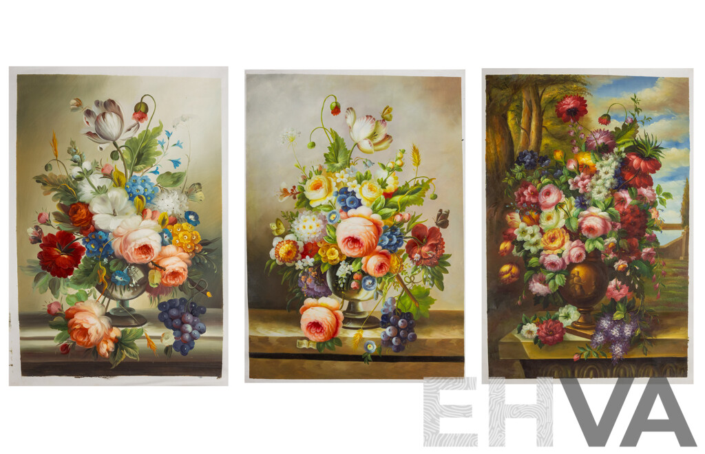 Artists Unknown, (20th Century), Flower Dreams I, II & III,  Lovely Trio of Oil on Canvas Clothes Unstretched, 103 x 69 (x2) & 103 x 72 cm (3)