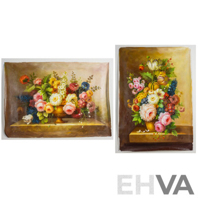 Artists Unknown, (20th Century), Opulent Flower Arrangement I & II,  Pair of Oil on Canvas Clothes Unstretched, 70 x 100 & 100 x 70 cms (2)