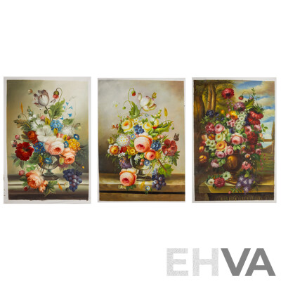 Artists Unknown, (20th Century), Flower Dreams I, II & III,  Lovely Trio of Oil on Canvas Clothes Unstretched, 103 x 69 (x2) & 103 x 72 cm (3)