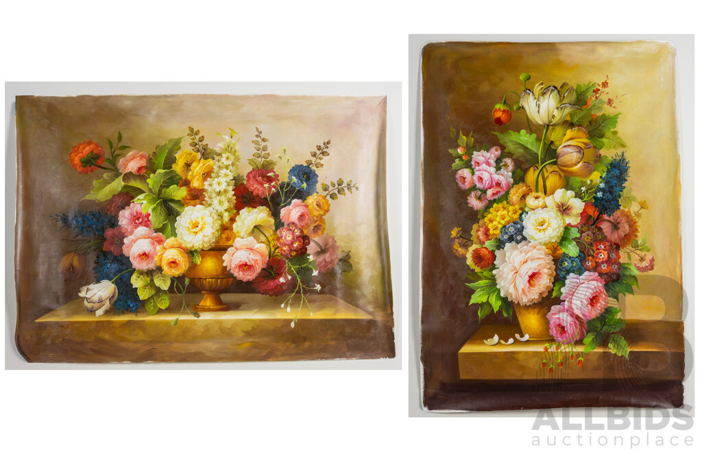 Artists Unknown, (20th Century), Opulent Flower Arrangement I & II,  Pair of Oil on Canvas Clothes Unstretched, 70 x 100 & 100 x 70 cms (2)