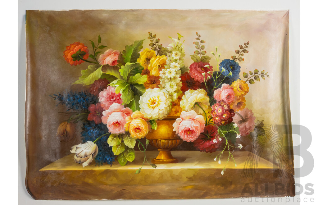 Artists Unknown, (20th Century), Opulent Flower Arrangement I & II,  Pair of Oil on Canvas Clothes Unstretched, 70 x 100 & 100 x 70 cms (2)