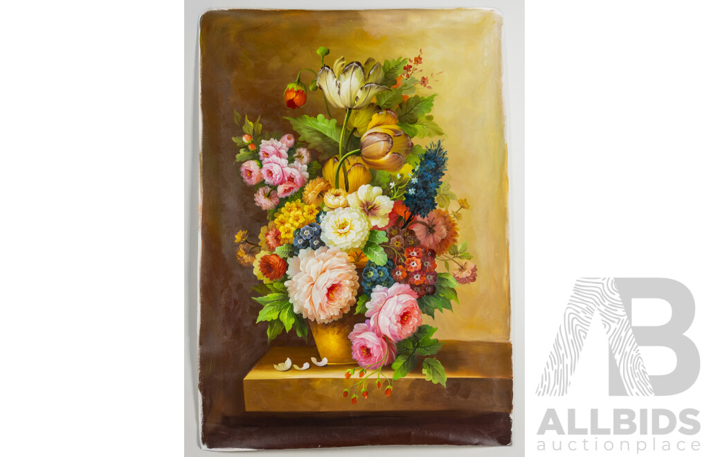 Artists Unknown, (20th Century), Opulent Flower Arrangement I & II,  Pair of Oil on Canvas Clothes Unstretched, 70 x 100 & 100 x 70 cms (2)