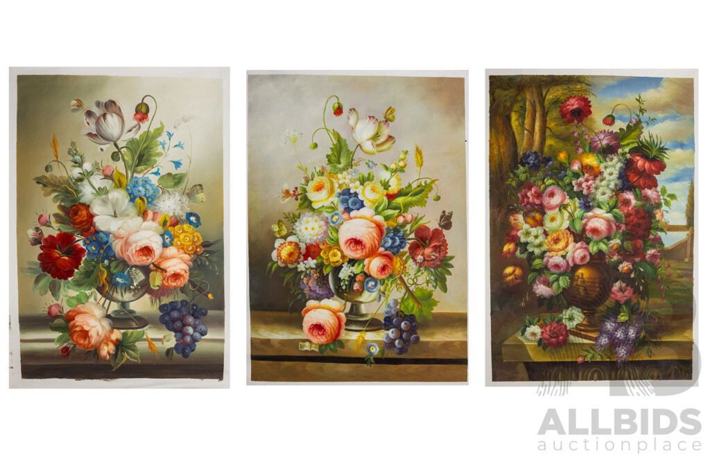 Artists Unknown, (20th Century), Flower Dreams I, II & III,  Lovely Trio of Oil on Canvas Clothes Unstretched, 103 x 69 (x2) & 103 x 72 cm (3)