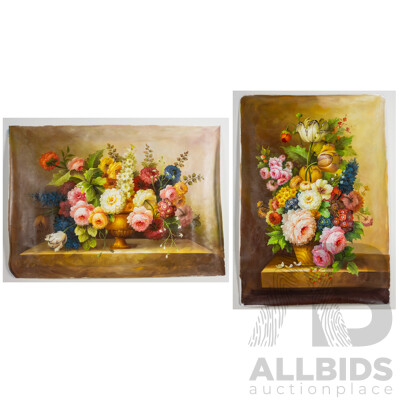 Artists Unknown, (20th Century), Opulent Flower Arrangement I & II,  Pair of Oil on Canvas Clothes Unstretched, 70 x 100 & 100 x 70 cms (2)