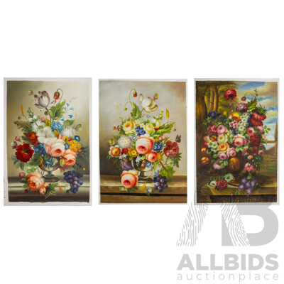 Artists Unknown, (20th Century), Flower Dreams I, II & III,  Lovely Trio of Oil on Canvas Clothes Unstretched, 103 x 69 (x2) & 103 x 72 cm (3)