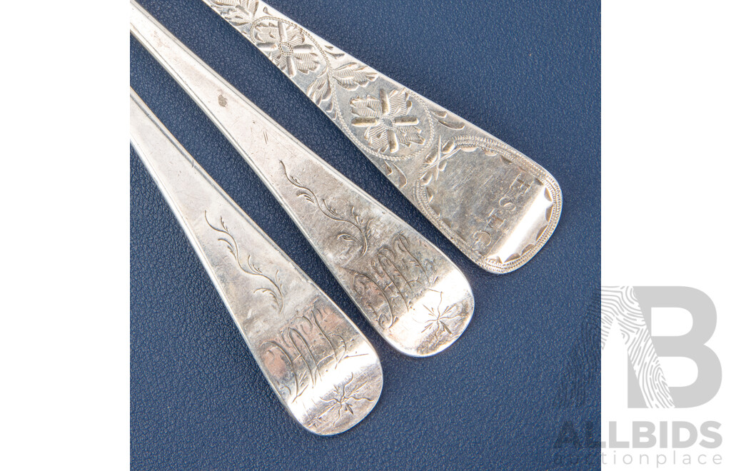 Three Sterling Silver Spoons Including Two Peter, Ann & William Bateman, London 1796, 1802 and John Le Gallais, London 1848 .925