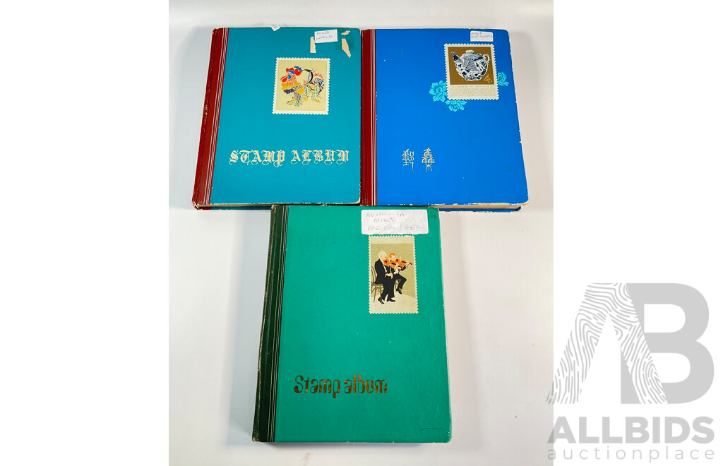 Three Vintage Stamp Albums Including Australian Predecimal, Samoa, Mauritius, Panama, Spain, Denmark, Switzerland, Brazil, Germany, Singapore, Malaya, Malta and More