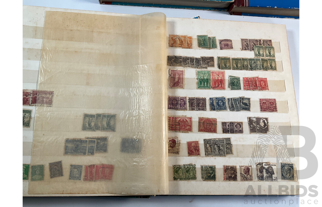 Three Vintage Stamp Albums Including Australian Predecimal, Samoa, Mauritius, Panama, Spain, Denmark, Switzerland, Brazil, Germany, Singapore, Malaya, Malta and More