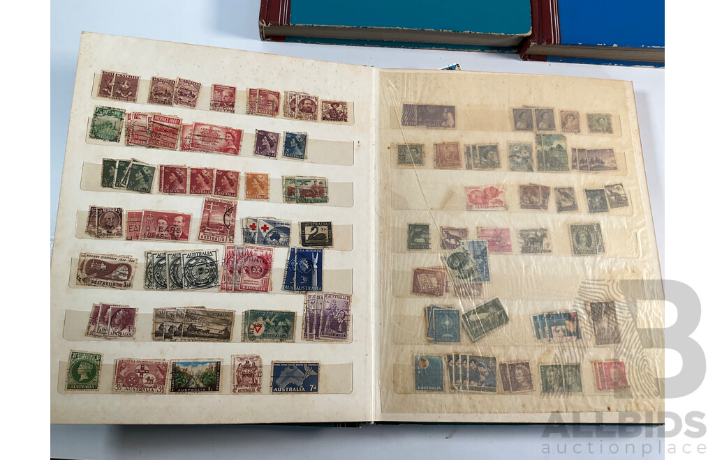 Three Vintage Stamp Albums Including Australian Predecimal, Samoa, Mauritius, Panama, Spain, Denmark, Switzerland, Brazil, Germany, Singapore, Malaya, Malta and More