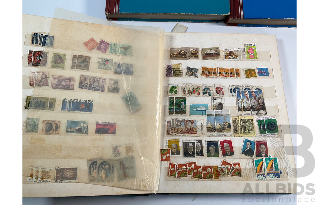Three Vintage Stamp Albums Including Australian Predecimal, Samoa, Mauritius, Panama, Spain, Denmark, Switzerland, Brazil, Germany, Singapore, Malaya, Malta and More