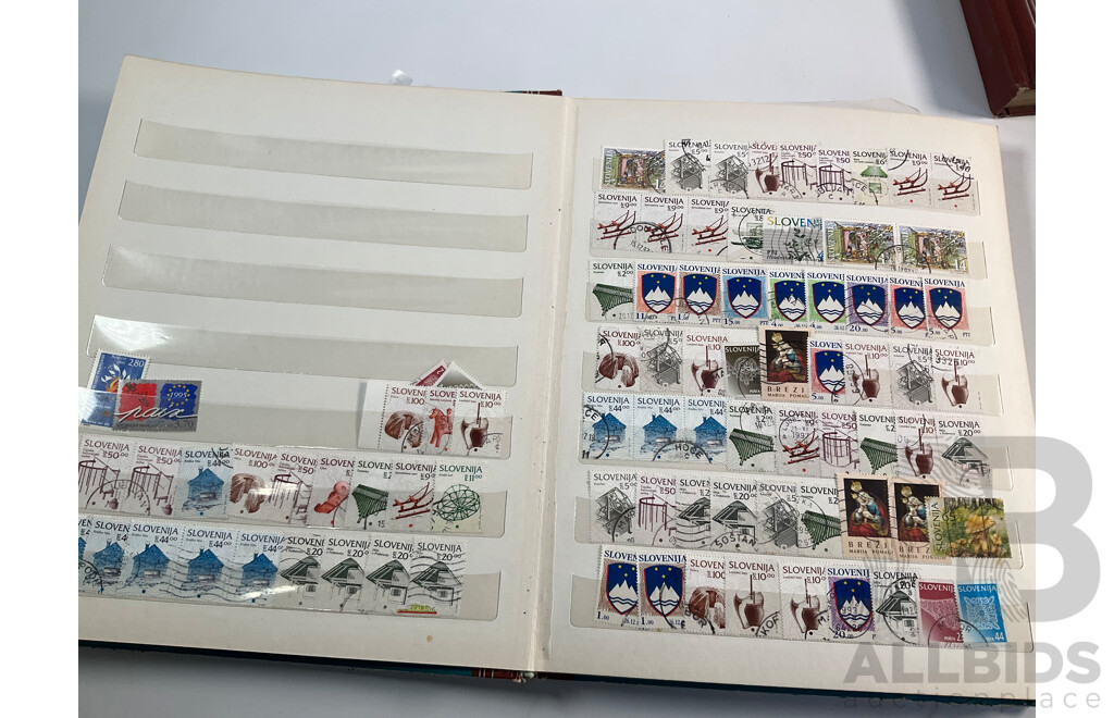 Three Vintage Stamp Albums Including Australian Predecimal, Samoa, Mauritius, Panama, Spain, Denmark, Switzerland, Brazil, Germany, Singapore, Malaya, Malta and More