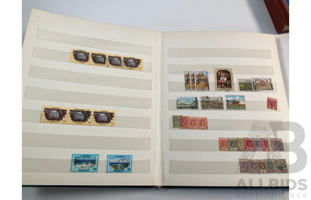 Three Vintage Stamp Albums Including Australian Predecimal, Samoa, Mauritius, Panama, Spain, Denmark, Switzerland, Brazil, Germany, Singapore, Malaya, Malta and More