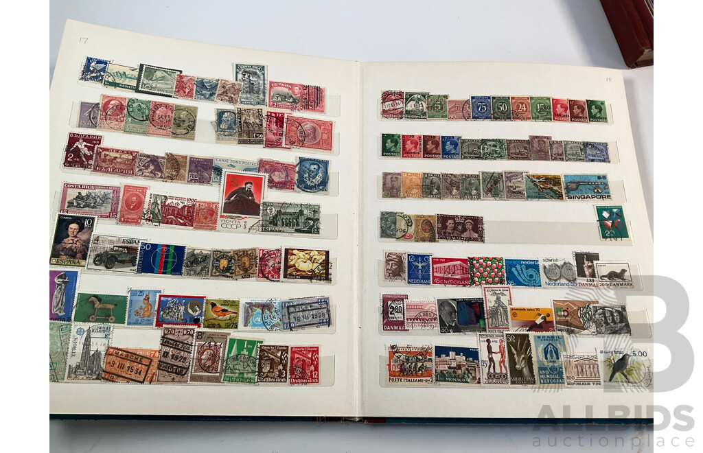 Three Vintage Stamp Albums Including Australian Predecimal, Samoa, Mauritius, Panama, Spain, Denmark, Switzerland, Brazil, Germany, Singapore, Malaya, Malta and More