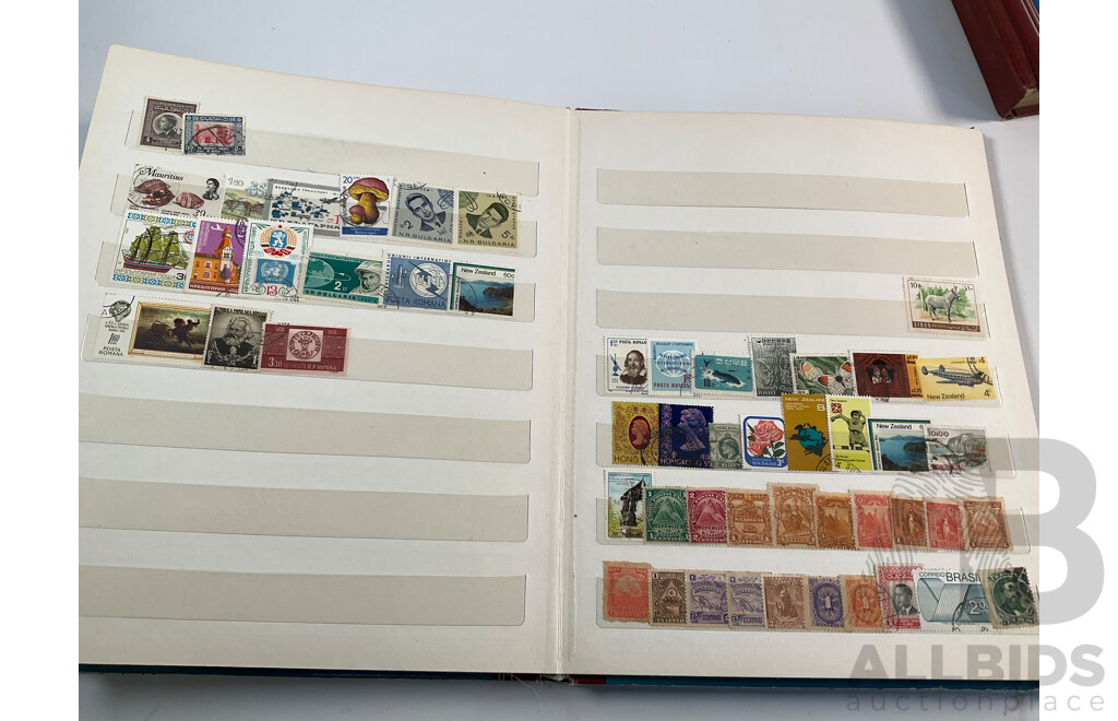 Three Vintage Stamp Albums Including Australian Predecimal, Samoa, Mauritius, Panama, Spain, Denmark, Switzerland, Brazil, Germany, Singapore, Malaya, Malta and More