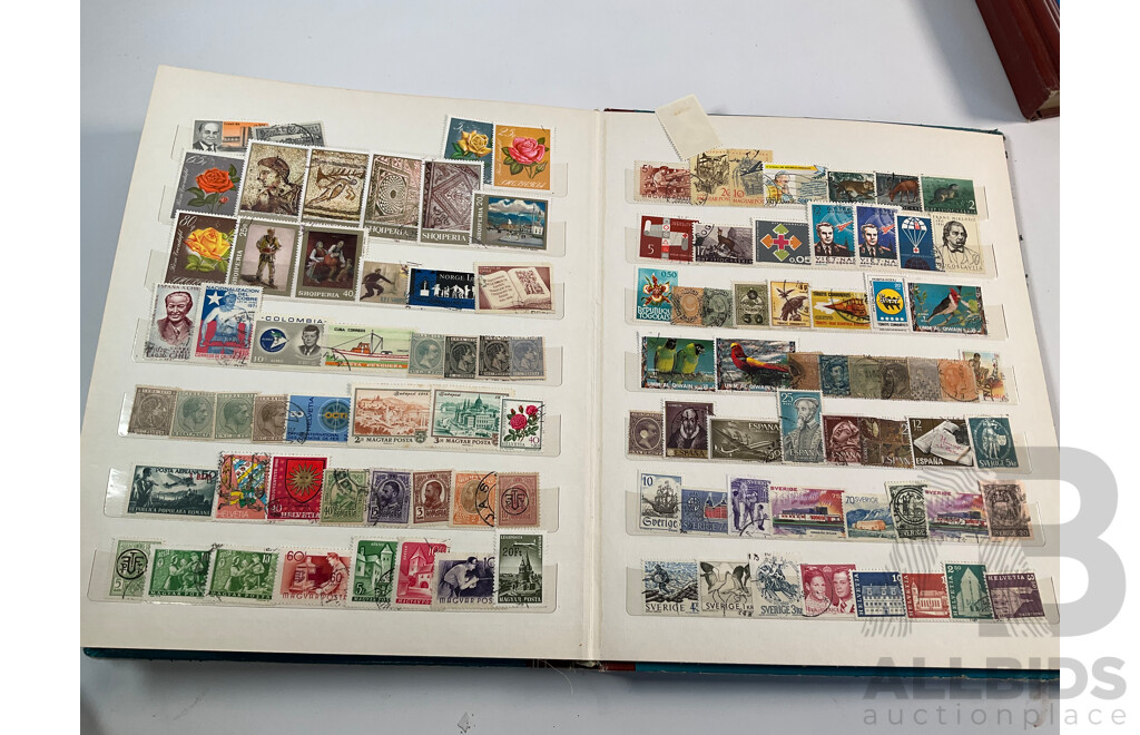 Three Vintage Stamp Albums Including Australian Predecimal, Samoa, Mauritius, Panama, Spain, Denmark, Switzerland, Brazil, Germany, Singapore, Malaya, Malta and More