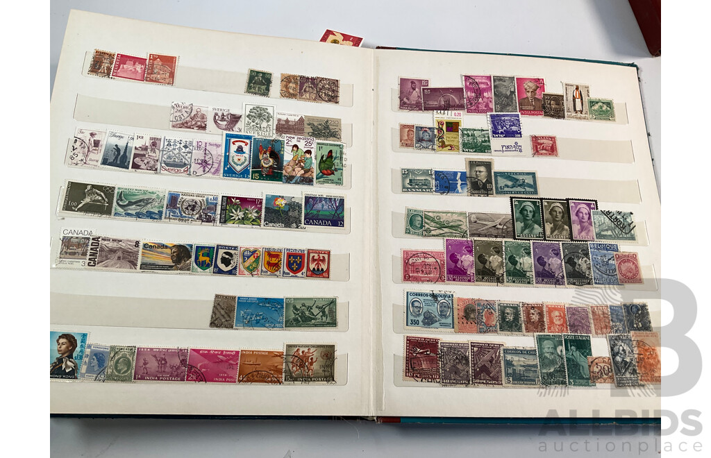 Three Vintage Stamp Albums Including Australian Predecimal, Samoa, Mauritius, Panama, Spain, Denmark, Switzerland, Brazil, Germany, Singapore, Malaya, Malta and More