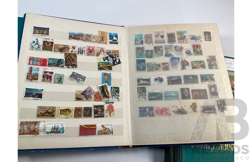 Three Vintage Stamp Albums Including Australian Predecimal, Samoa, Mauritius, Panama, Spain, Denmark, Switzerland, Brazil, Germany, Singapore, Malaya, Malta and More