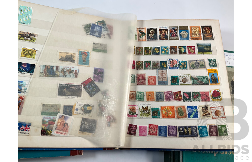 Three Vintage Stamp Albums Including Australian Predecimal, Samoa, Mauritius, Panama, Spain, Denmark, Switzerland, Brazil, Germany, Singapore, Malaya, Malta and More