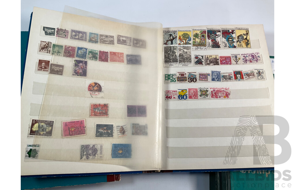 Three Vintage Stamp Albums Including Australian Predecimal, Samoa, Mauritius, Panama, Spain, Denmark, Switzerland, Brazil, Germany, Singapore, Malaya, Malta and More