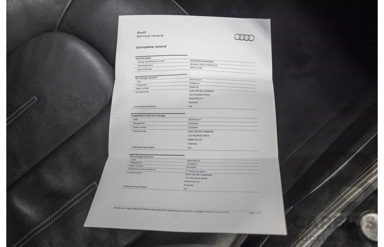 2/2017 Audi A6 Allroad Quattro TDI (AWD) 4GH MY17 4D Wagon Tornado Gray Metallic Turbo Diesel 3.0L